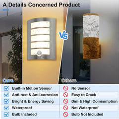 Comparison of two wall lights with features listed on a gray background.