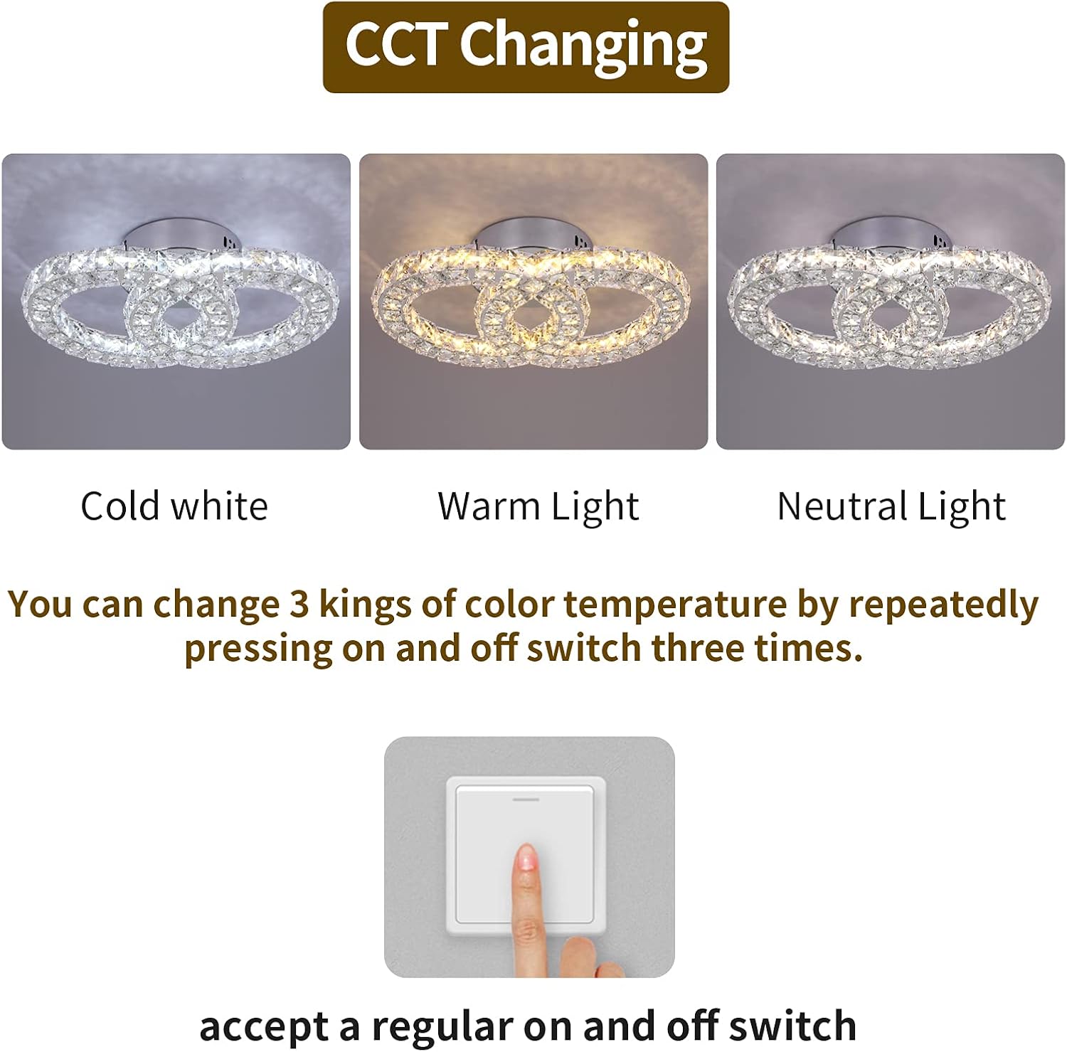 Crystal Chandelier Light Fixture LED Ceiling Lamp 2-Rings Flush Mount
