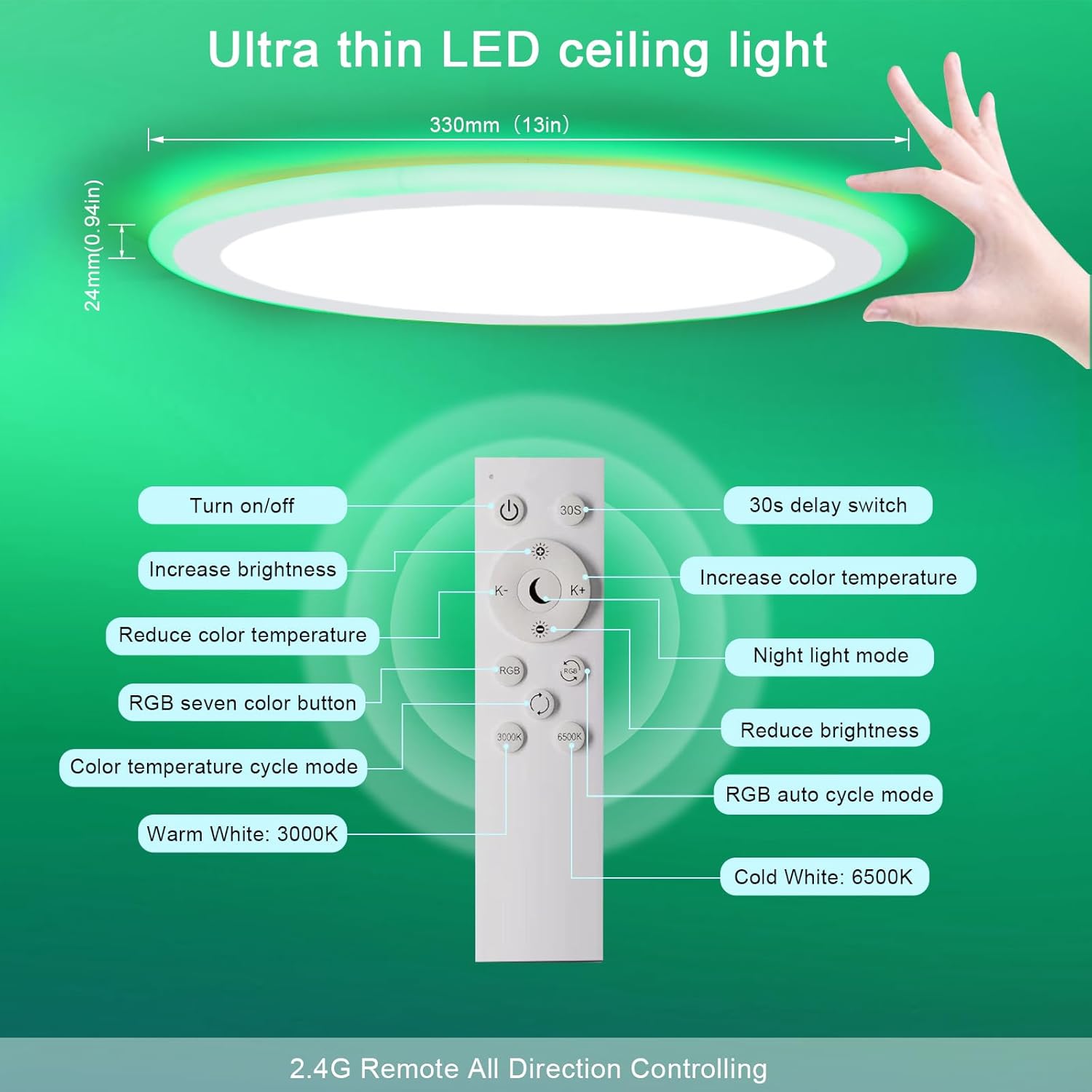 Modern Ultra-Thin 13" LED Ceiling Light, Dimmable RGB with Remote, 30W Flush Mount, 3000-6500K Sidelight Glow