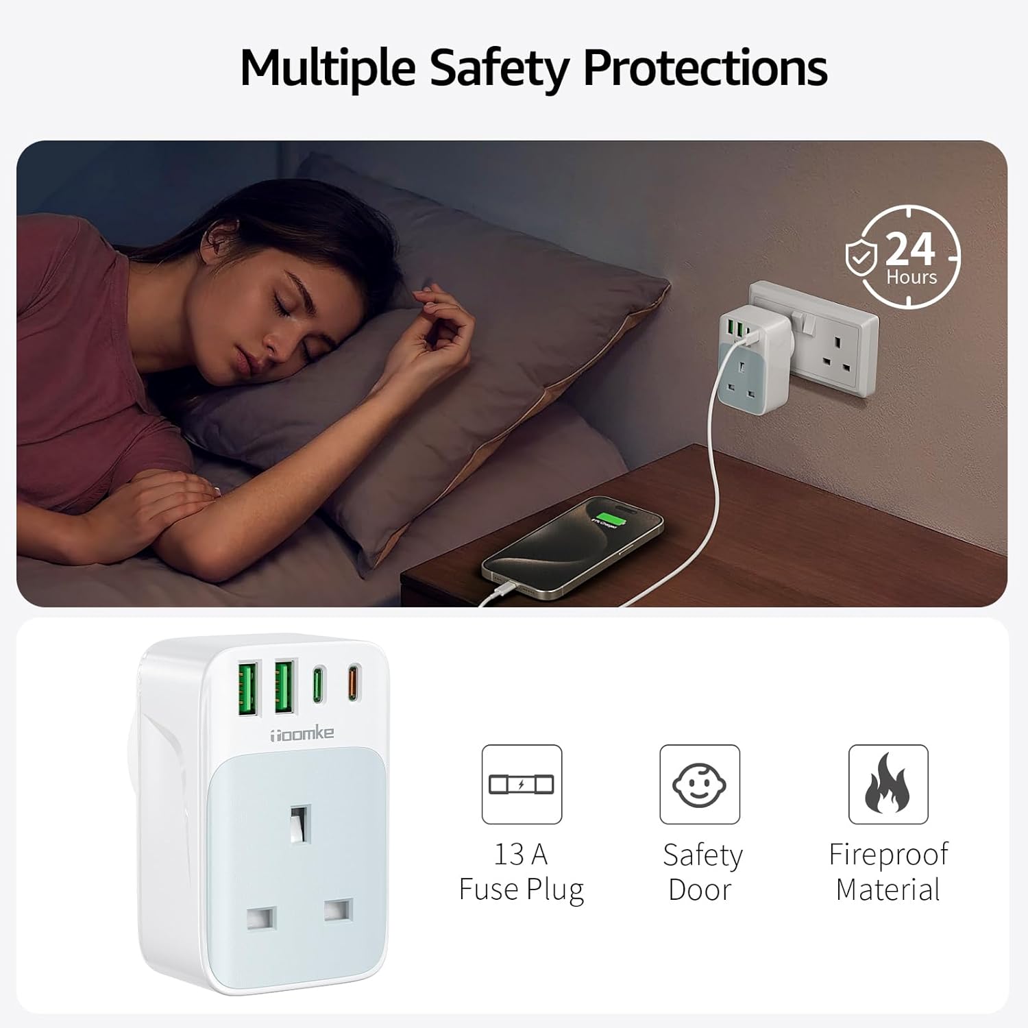 Multi Plug Socket Adapter with 35W PD USB-C Fast Charge, 2 USB-A & 2 USB-C Ports