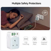 Multi Plug Socket Adapter with 35W PD USB-C Fast Charge, 2 USB-A & 2 USB-C Ports