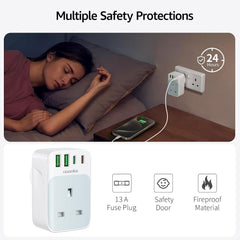 Multi Plug Socket Adapter with 35W PD USB-C Fast Charge, 2 USB-A & 2 USB-C Ports