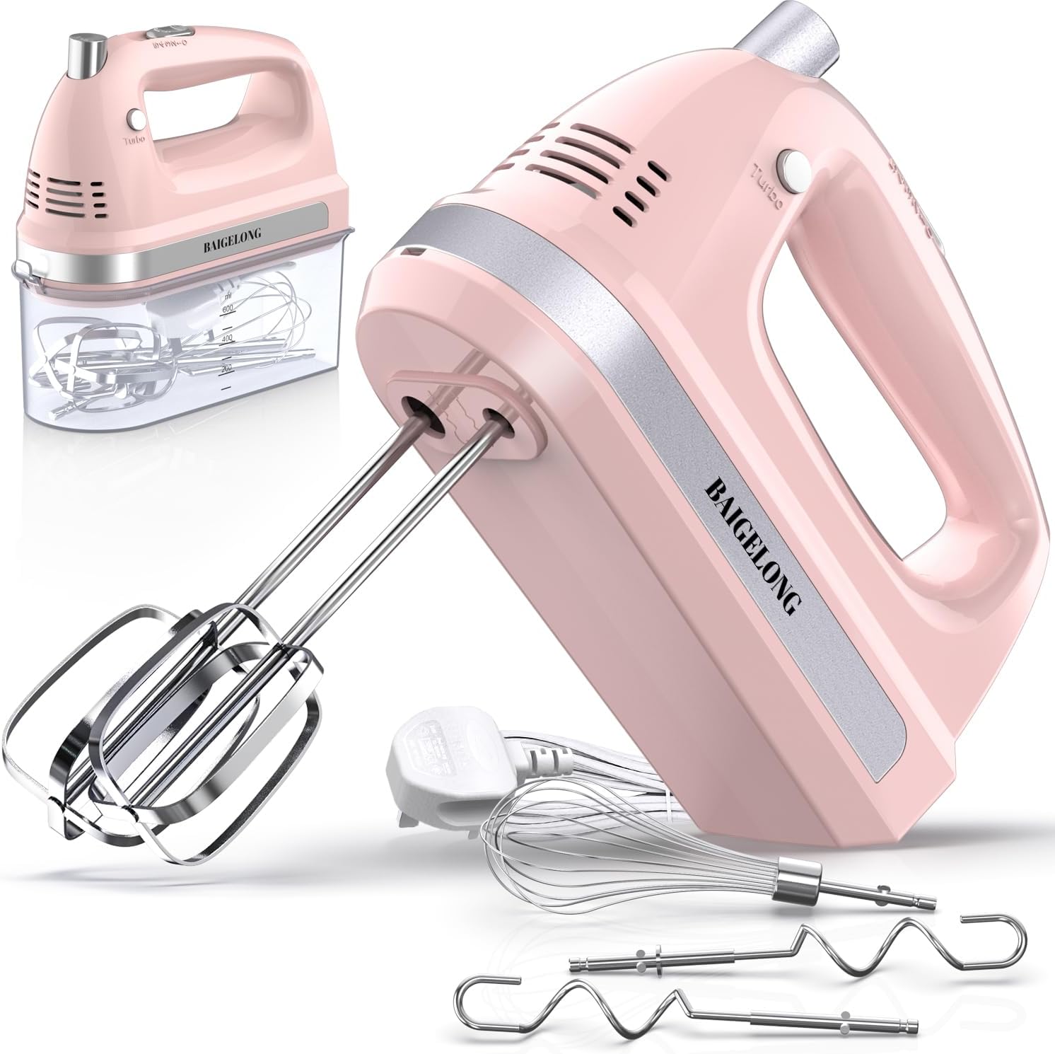 300W Hand Electric Mixer – 5 Speeds + Turbo, 5 Stainless Steel Attachments, Pink, Ultra Power Kitchen Baking Blender