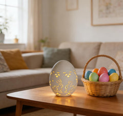 Easter Egg LED Table Lamp with Hollow Bunny Cutout – Ceramic Decorative Illuminated Egg Light