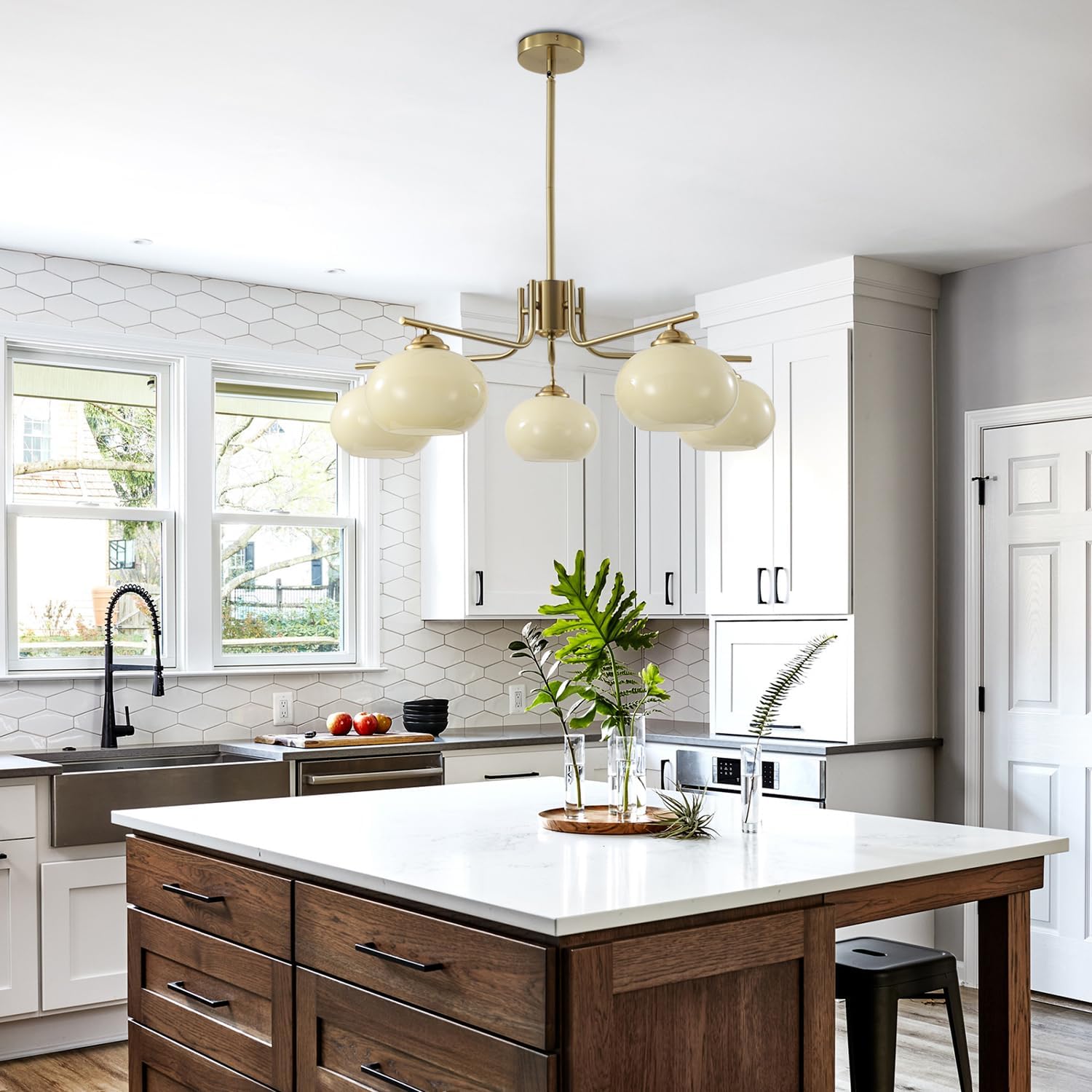 Lighting Modern Brushed Gold 5-Light Glass Globe Chandelier - Mid Century Brass Sputnik Dining Room Light Fixture