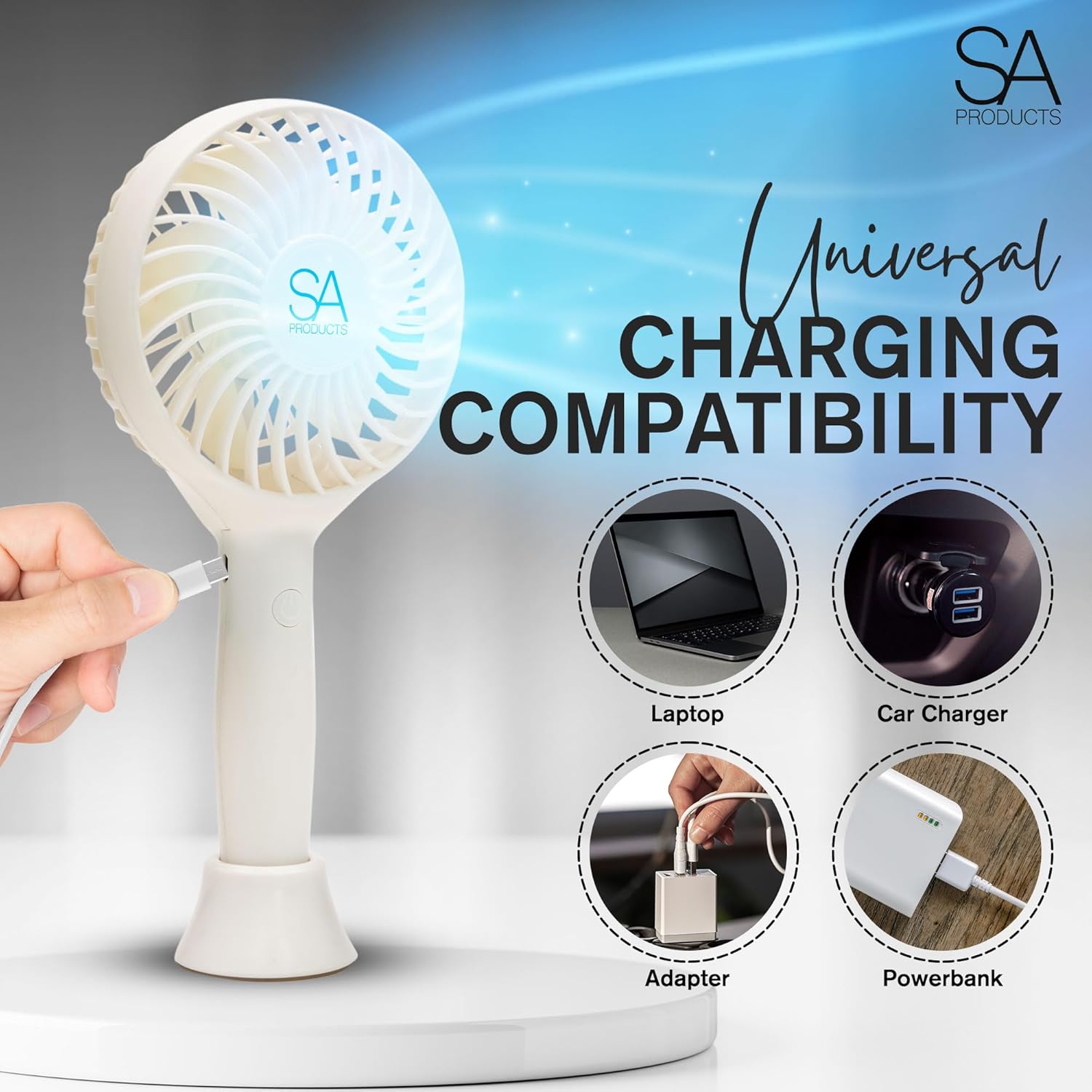 SA Products Handheld Fan with 3 Speeds | 3000 mAh USB Rechargeable Portable Mini Fan with Stand | Desk & Handheld Use – White