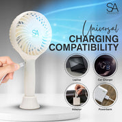 SA Products Handheld Fan with 3 Speeds | 3000 mAh USB Rechargeable Portable Mini Fan with Stand | Desk & Handheld Use – White