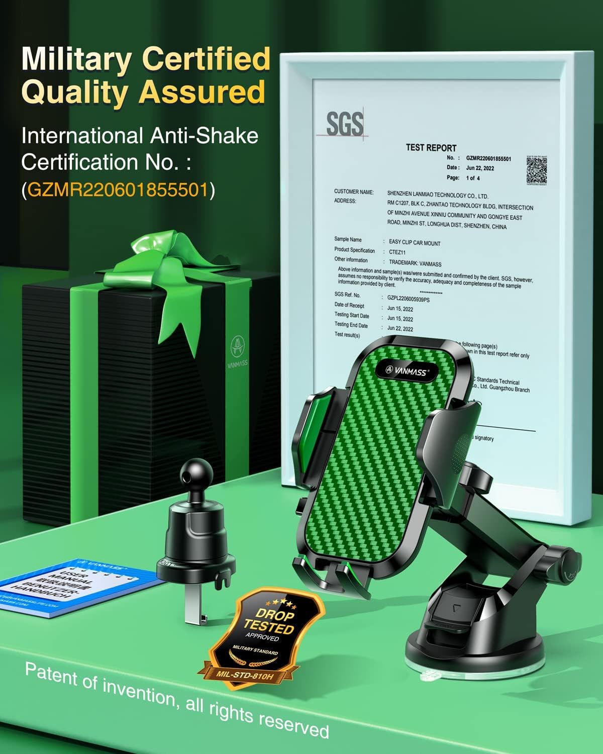 VANMASS 2025 Best Car Phone Holder Green – Rotatable Suction & Clip