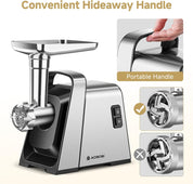 AAOBOSI 3000W Electric Meat Grinder, Powerful Meat Mincer with 2 Blades, 4 Grinding Plates, Sausage Maker & Kibbe Kit – Silver