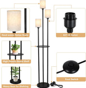 Floor Lamp with Shelves, Modern 3-Light Standing Lamp with Linen Shades and Foot Switch, Black Industrial Tall Lamp for Living Room