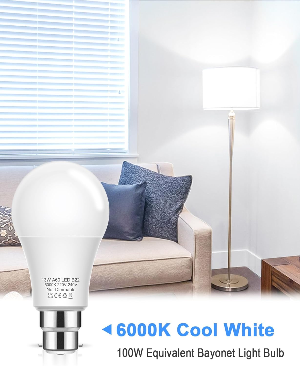 Bayonet Light Bulbs, 100W Equivalent B22 LED Bulbs Bayonet, 6000K Cool White, 1200LM, 13W Daylight Bulbs BC GLS A60 Energy Saving for Chandelier, Living Room, Non-dimmable, Pack of 3 [Energy Class F] Visit the Flaspar Store