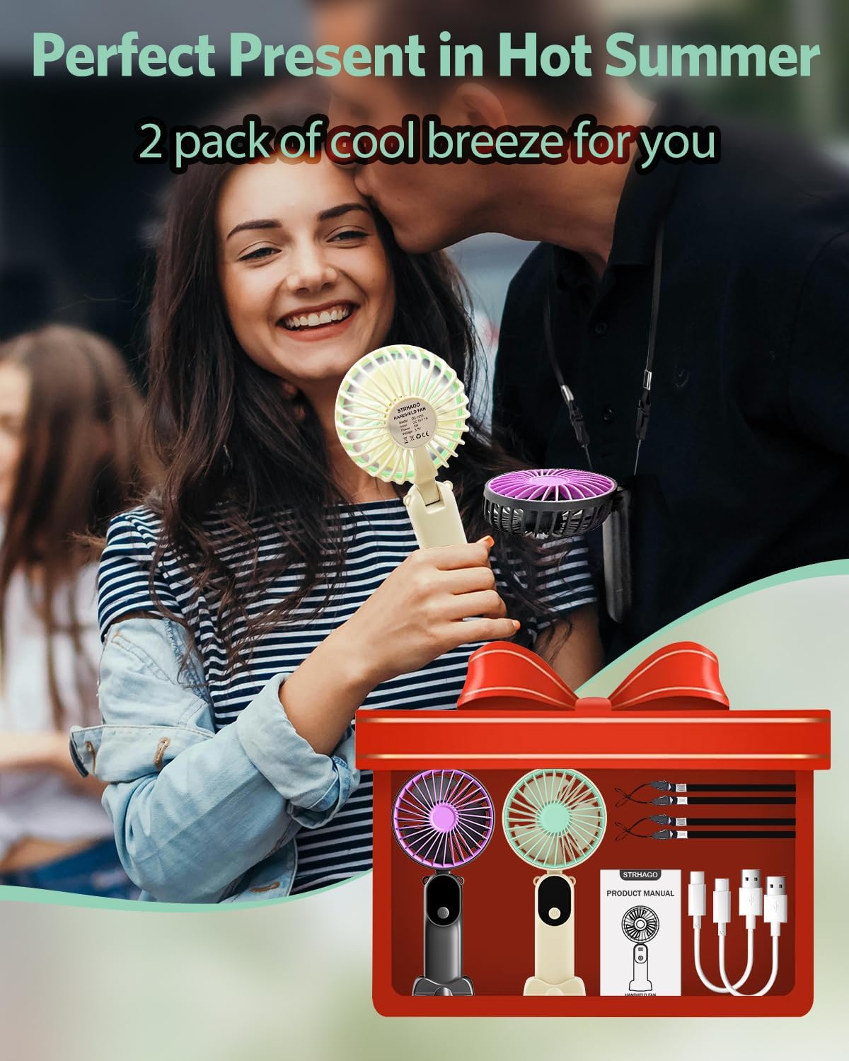 2 Pcs Portable Handheld Fans, Mini USB Rechargeable Fans with Neck Strap & Detachable Desk Base, 90° Foldable, 6 Speeds, Hand Held Fans for Outdoor, Home, Office, Travel, Camping&Commute