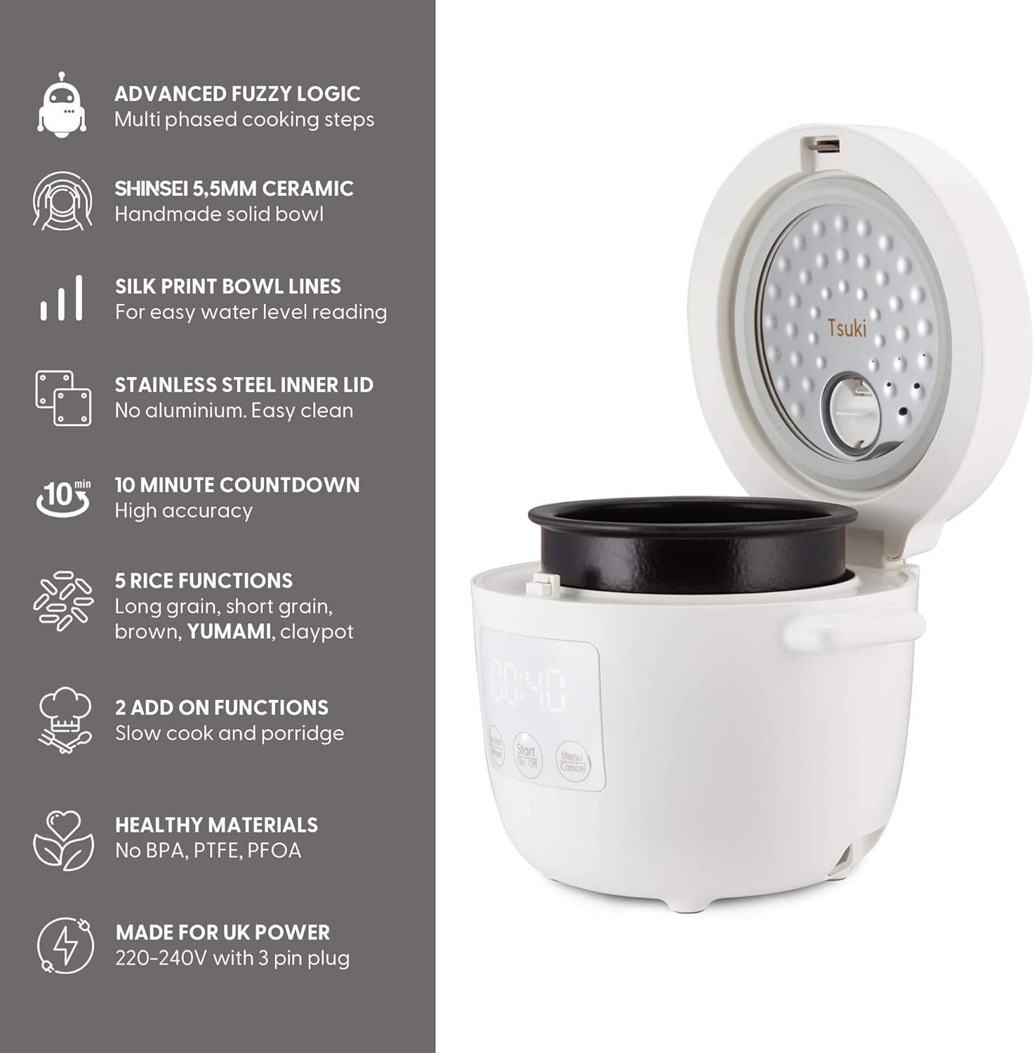 Yum Asia Tsuki Mini Rice Cooker – Pebble White – 2.5 Cups – Ceramic Bowl