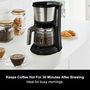 Equip 10 Cup Filter Coffee Machine with Pour Over Technology, Aroma Blender & Keep Warm Function – 1.2L Drip Coffee Maker with Reusable Filter, Anti-Drip Design & Easy View Water Level, Black/Brushed Steel