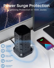 Tower Extension Lead [13A 3250W] with 12 AC & 6 USB Ports, Surge Protected 2M Power Strip