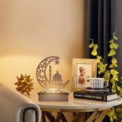 Wooden Ramadan Crescent Moon LED Table Light, Battery Powered Eid Decorative Lamp for Home & Festive Display