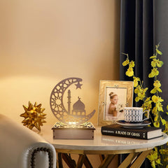 Wooden Ramadan Crescent Moon LED Table Light, Battery Powered Eid Decorative Lamp for Home & Festive Display