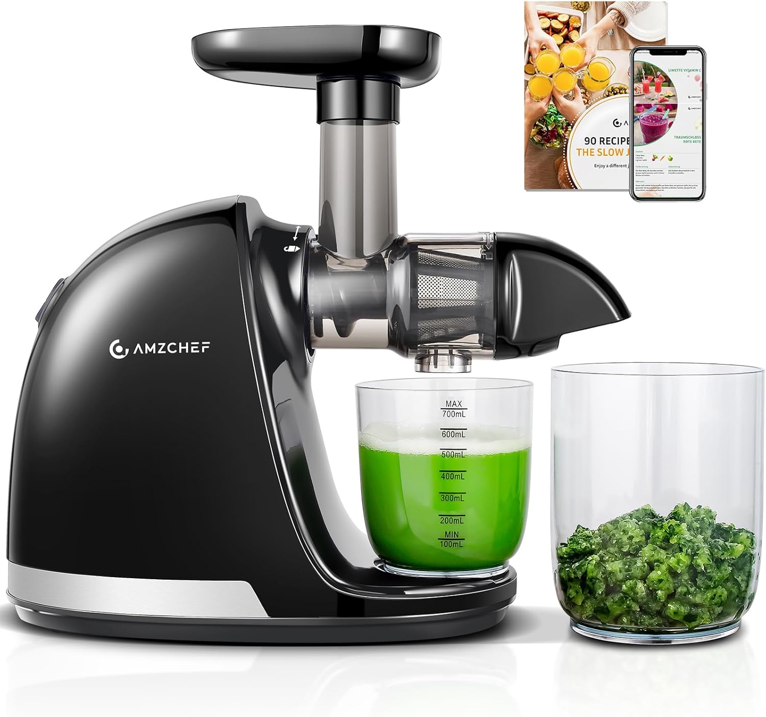 Juicer Machine Cold Press Slow Masticating Juicer for Whole Fruits & Vegetables – BPA Free Juice Extractor with 2 Cups & Brush – Black