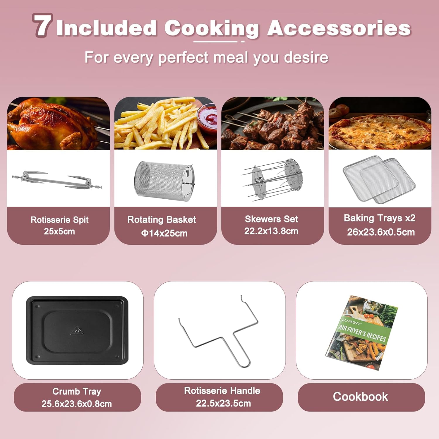 12L Air Fryer Oven with Rotisserie – 12 Presets, 1800W, 90-Min Timer, Oil-Free Cooking, 6 Accessories, Pink
