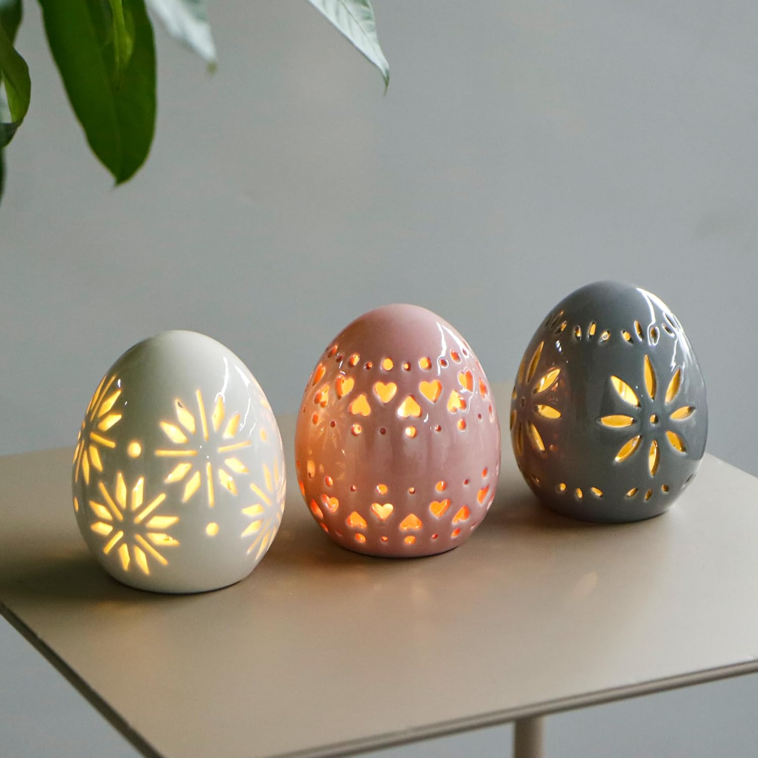 Set of 3 Ceramic Floral Carved Decorative Table Lamps, Battery Powered Cordless Mood Lanterns for Bedroom, Living Room, Weddings & Events (Egg Design)