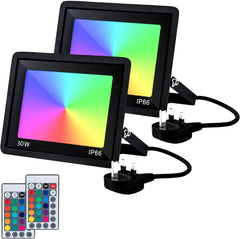 30W LED Floodlight Outdoor: 300W Equivalent, Color Changing with 16 Colors & 4 Modes, Dimmable, Timing Function, IP66 Waterproof RGBW Floodlights with Remote Control, UK 3-Plug, 4 Pack