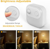 LED Motion Sensor Night Light, 2 Pack Plug-In, 3000K Warm White, 30/60/100lm Adjustable Brightness, Auto On/Off with Motion Sensor & Dusk to Dawn Sensor for Hallway