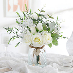 Floralsecret White Rose Faux Flowers with Vase – Artificial Floral Arrangement Décor