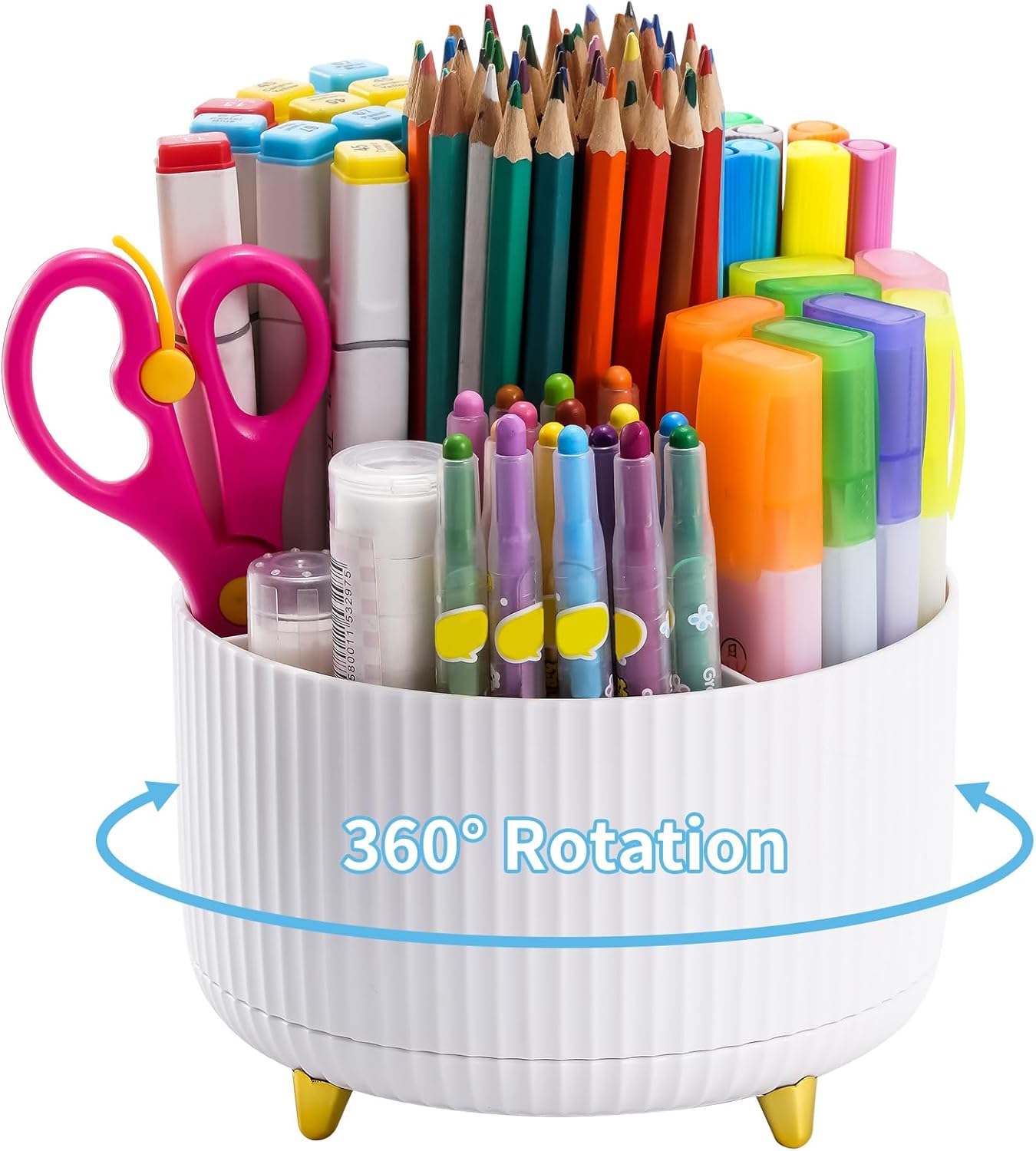 360° Rotating Desk Organizer with 5 Compartments – White Pen & Pencil Holder Caddy