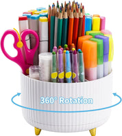 360° Rotating Desk Organizer with 5 Compartments – White Pen & Pencil Holder Caddy