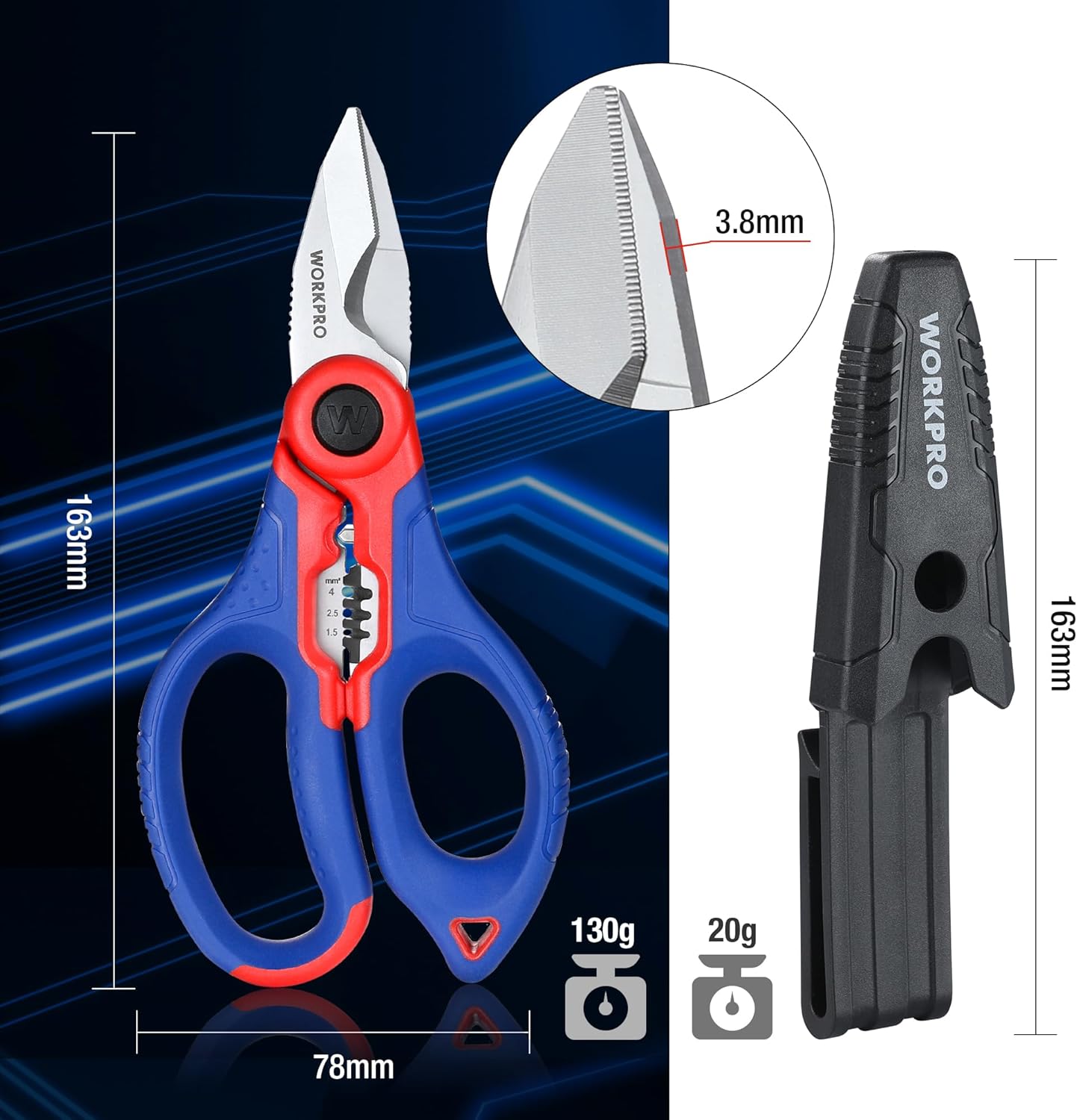 WORKPRO Electricians Scissors with Wire Stripper, 6-1/2 INCH(163MM), Multi-Function Stainless Steel Electricians Shears with Belt Clip Sheath