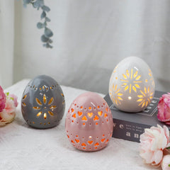Set of 3 Ceramic Floral Carved Decorative Table Lamps, Battery Powered Cordless Mood Lanterns for Bedroom, Living Room, Weddings & Events (Egg Design)
