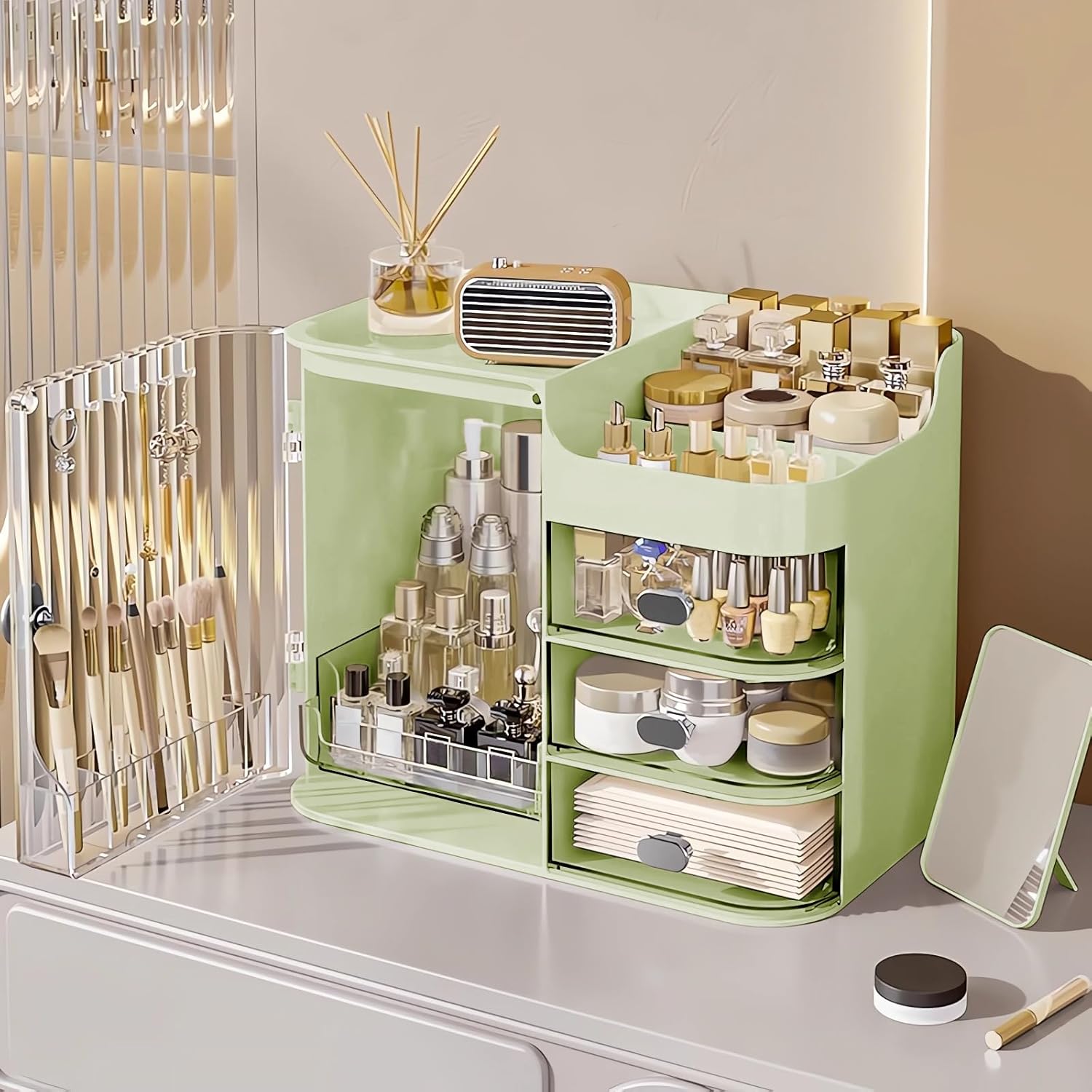 Large Capacity Green Makeup Organizer with Mirror, 3-Drawer Dustproof Cosmetic Box