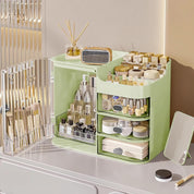 Large Capacity Green Makeup Organizer with Mirror, 3-Drawer Dustproof Cosmetic Box