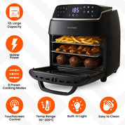 Innoteck 12L Digital Air Fryer Oven – 1800W, Rotisserie, 8 Presets, Touch Panel, Basket & Racks, Black & Silver