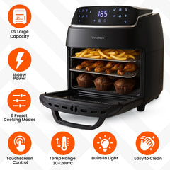 Innoteck 12L Digital Air Fryer Oven – 1800W, Rotisserie, 8 Presets, Touch Panel, Basket & Racks, Black & Silver