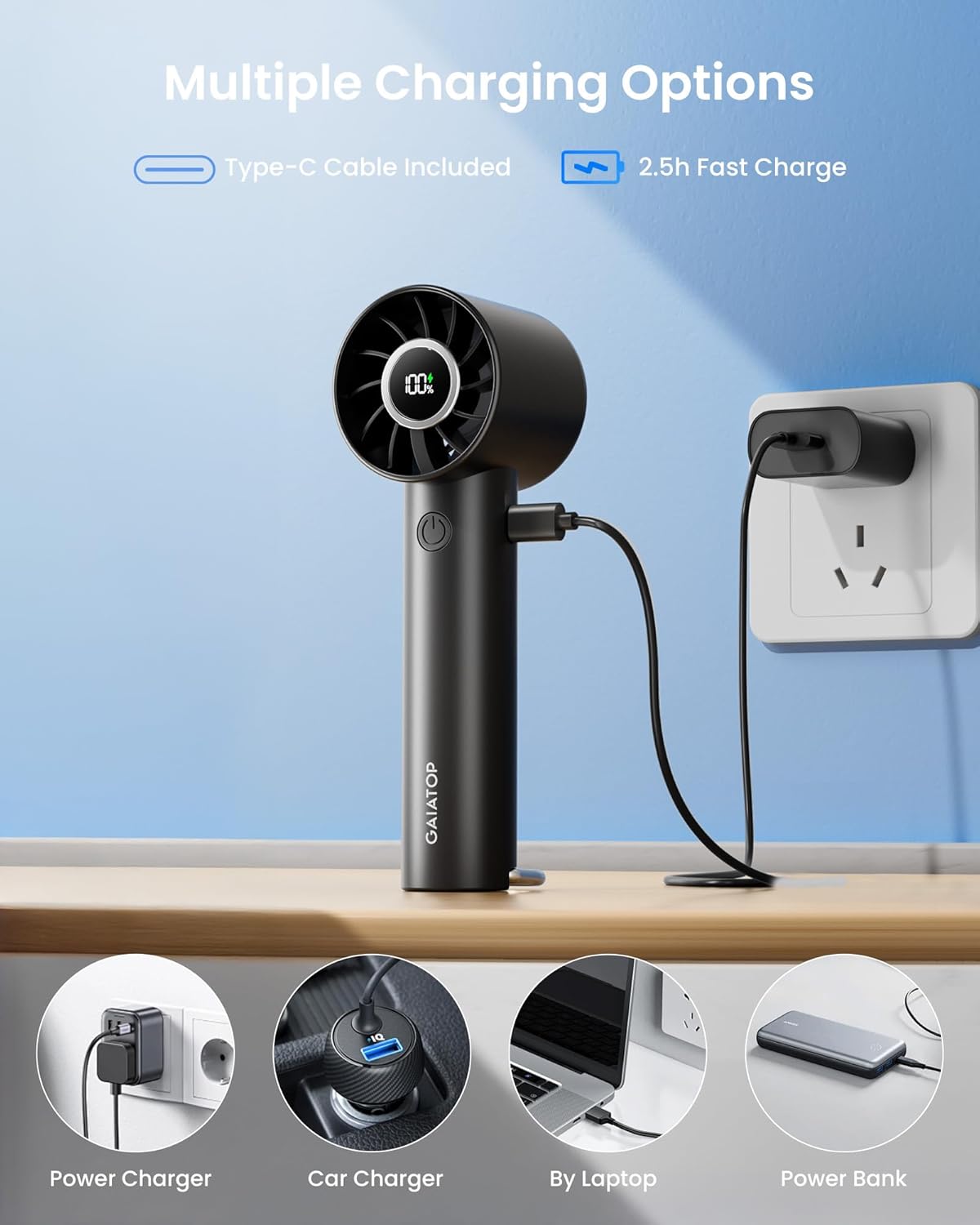 Turbo Handheld Fan with LED Torch and Clasp Base
