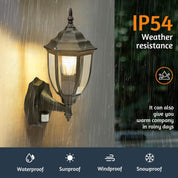Outdoor wall light fixture with rain resistance rating IP54, shown in a rainy outdoor setting.