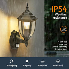 Outdoor wall light fixture with rain resistance rating IP54, shown in a rainy outdoor setting.