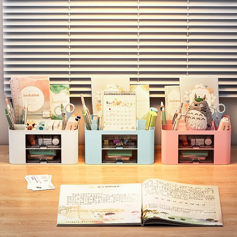 7-Grid Creative Desk Organiser with Drawer – Pink Plastic Pen & Table Storage Box
