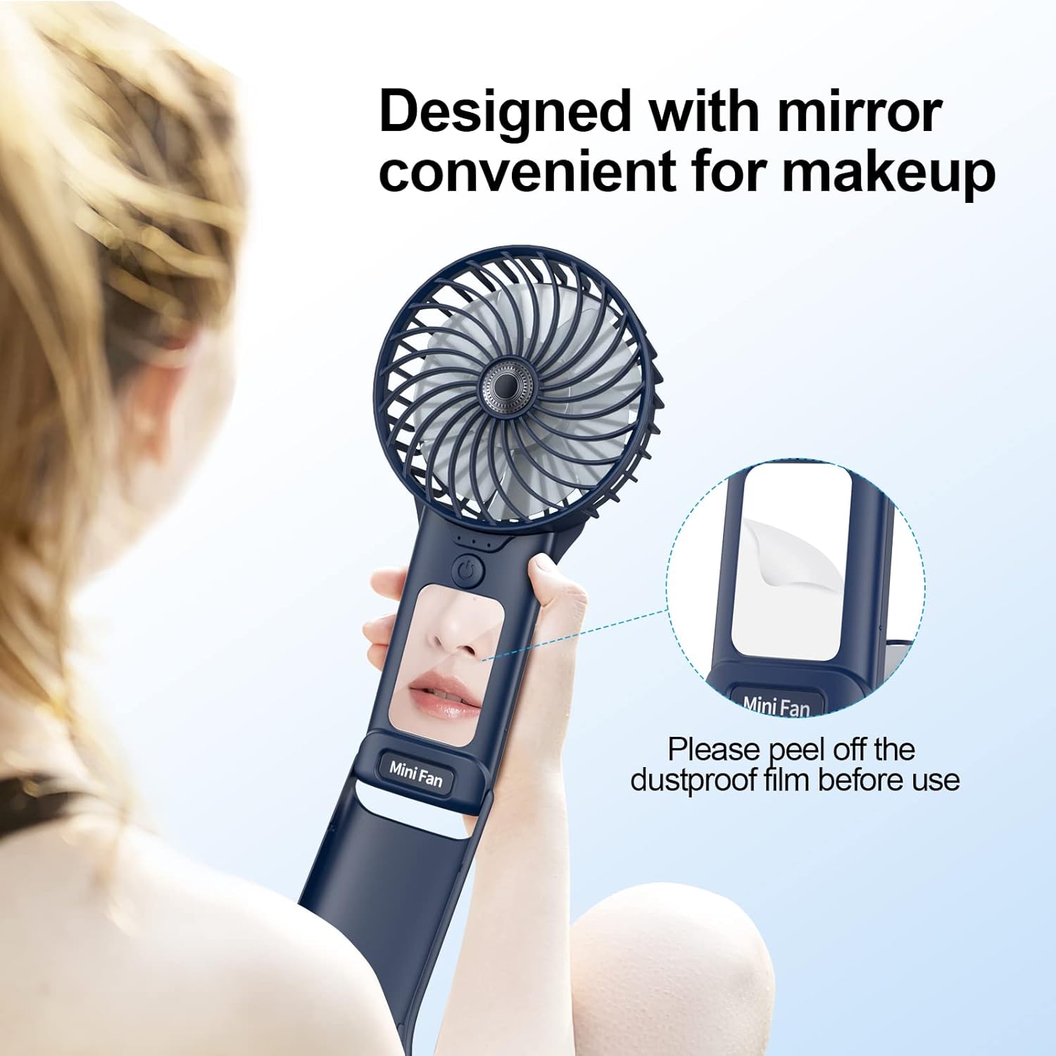 Handheld Fan, USB Rechargeable Mini Portable Fan, Personal Small Silent Hand Fan 4 Speeds with Mirror, Battery Operated Table Desk Fan for Office Outdoor Home Travel (Dark Blue)