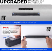Upgraded magnetic bar installation guide with text and images of hands using the product.