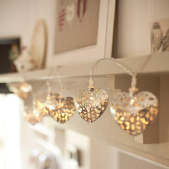 Warm White LED Silver Filigree Heart String Fairy Lights 2.85m Plug-In Indoor Decorative Lighting