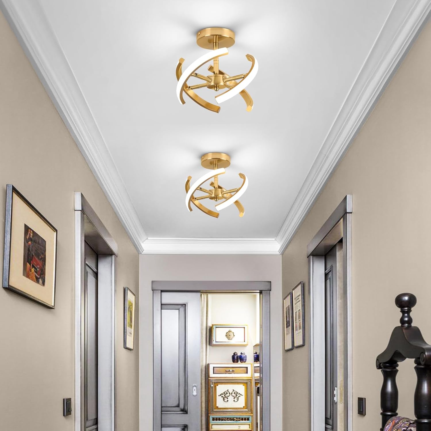 LED Ceiling Light, Elegant Gold Curved Design with 4 Strips, 22W Modern Ceiling Fixture for Hallway, Office, Bedroom, Kitchen, Living Room, Dining Room (Cool White 6000K)