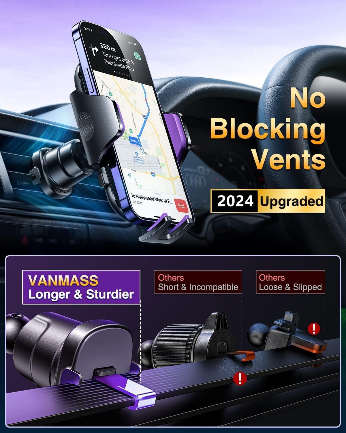 VANMASS Car Phone Holder Purple – Upgraded Suction & Clip, Rotatable Mount