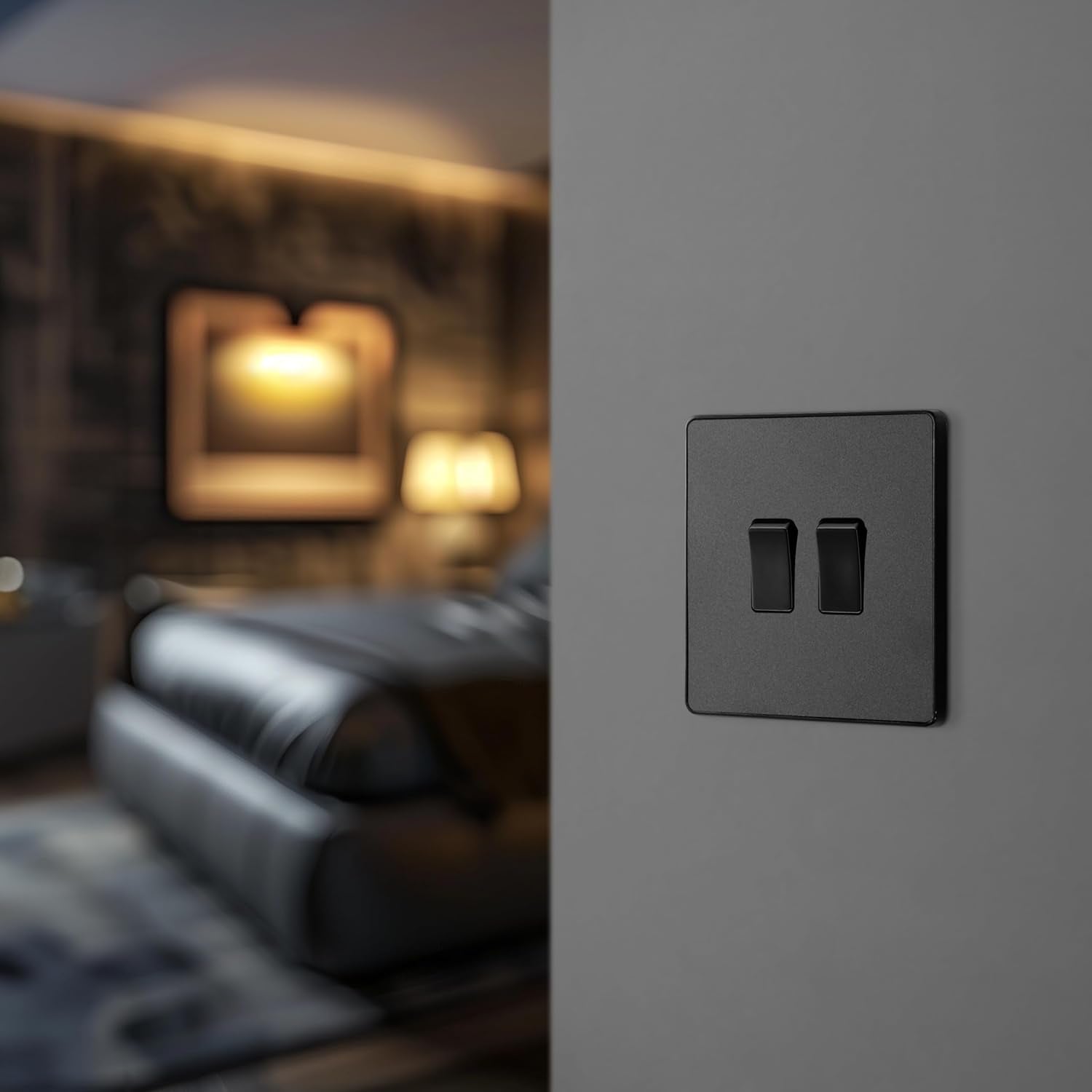 Double Wall Light Switch 2 Way Screwless Matt Black