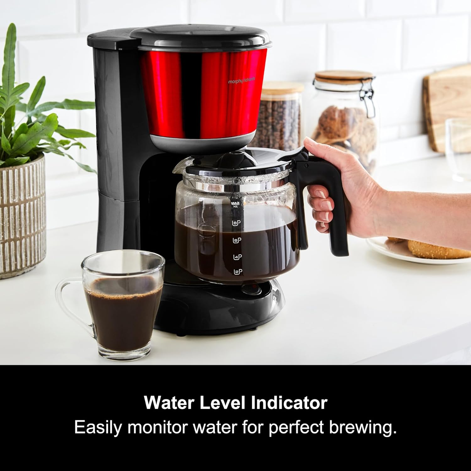 Filter Coffee Machine with Pour Over Technology, 10 Cup Capacity, Aroma Blender, Fast Brew, Anti Drip, Keep Warm Function, Easy Clean Reusable Filter, Red & Black
