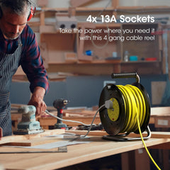 50M Outdoor Heavy Duty Extension Reel with 4 Sockets & Thermal Cut-Out – 13A UK Plug
