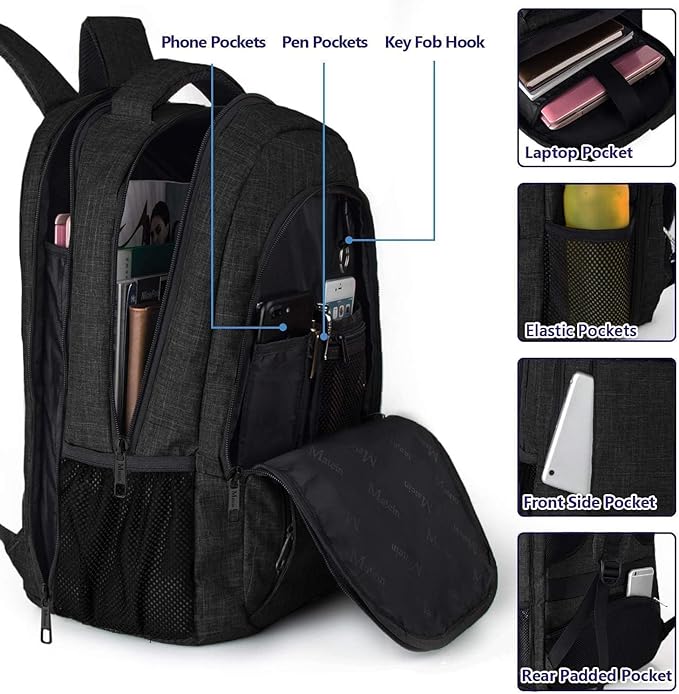 Black 15.6" Laptop Backpack – Waterproof USB Charging Work, School & Travel Bag