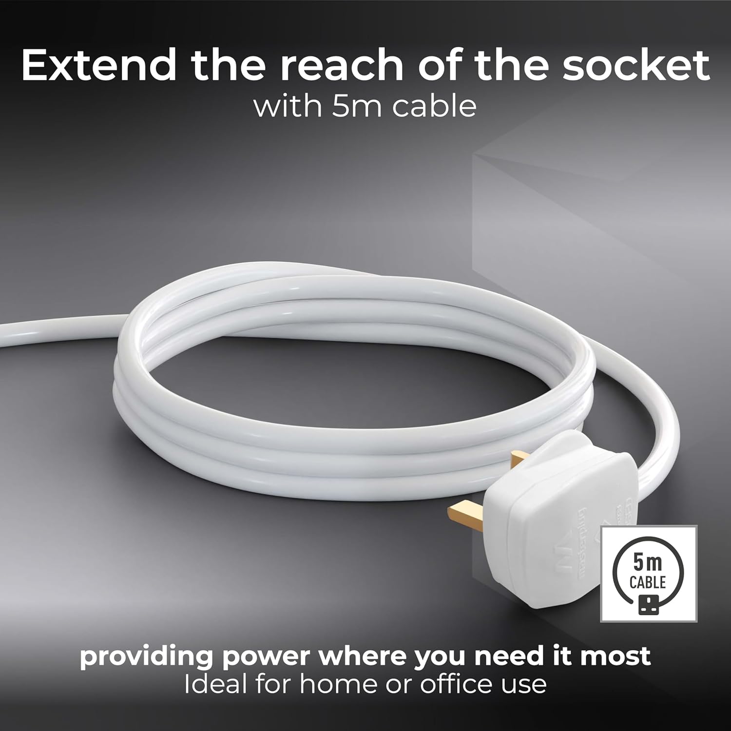 Masterplug Four Socket Extension Lead, 5 Metre Cable, Unswitched, 4-Way Plug Extension Cable, Power Strip, Basic Power, White, 13A, 4G, 5m, BFG5N