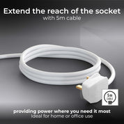 Masterplug Four Socket Extension Lead, 5 Metre Cable, Unswitched, 4-Way Plug Extension Cable, Power Strip, Basic Power, White, 13A, 4G, 5m, BFG5N